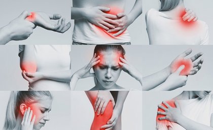 A closeup of a young women in different images clutching various body parts shaded red to indicate pain. 